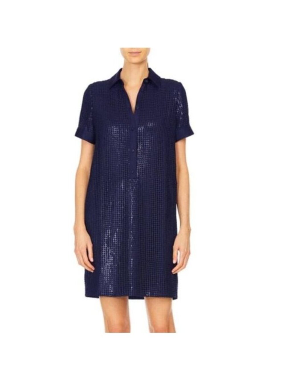 Etcetera Blue Sequin Button-Up Satin Trim Short Sleeves Collar Dress Size 4
